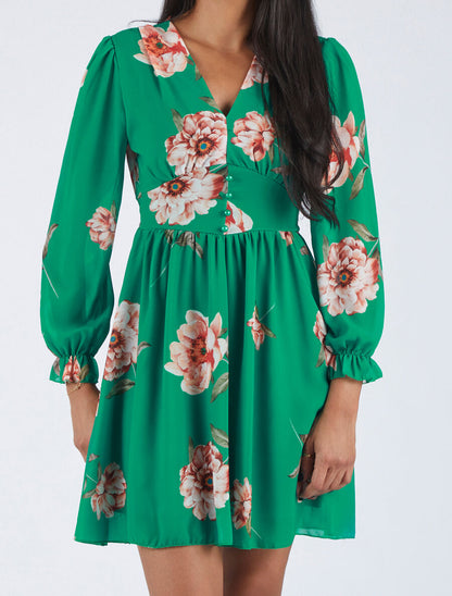 Robe courte patineuse imprimé grandes fleurs - Vert - 4
