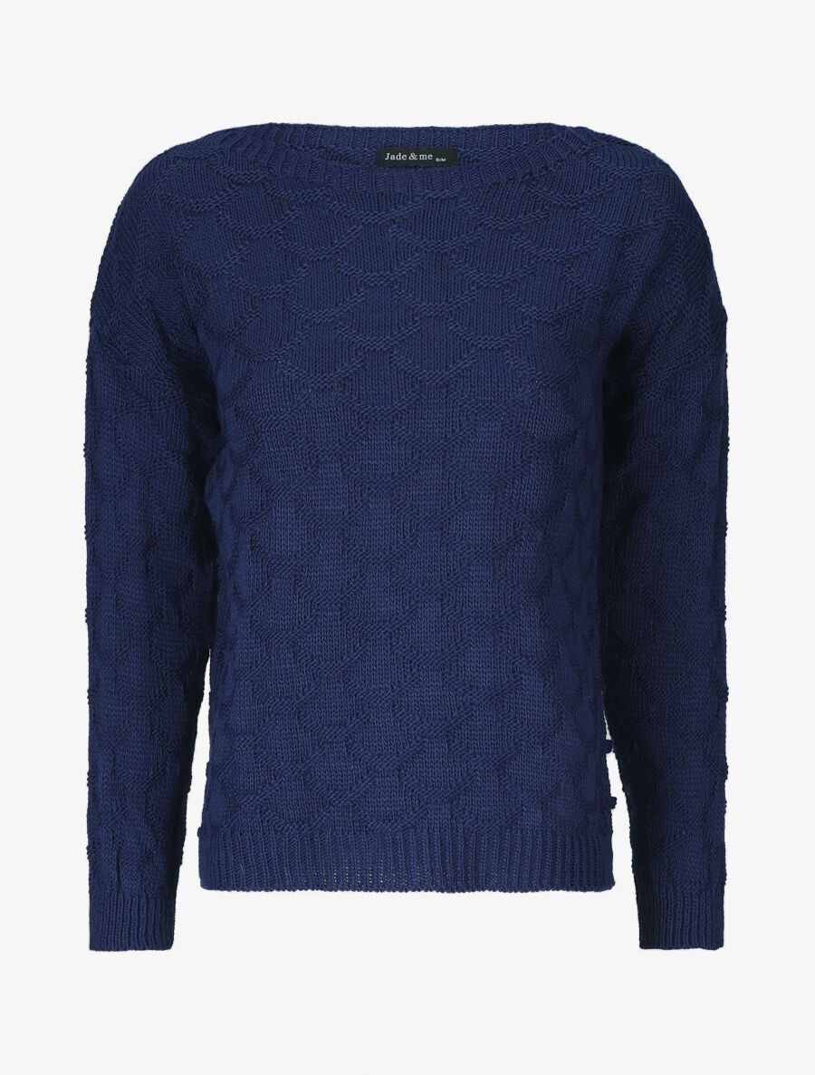 Pull uni en maille et col bateau - Marine - 5