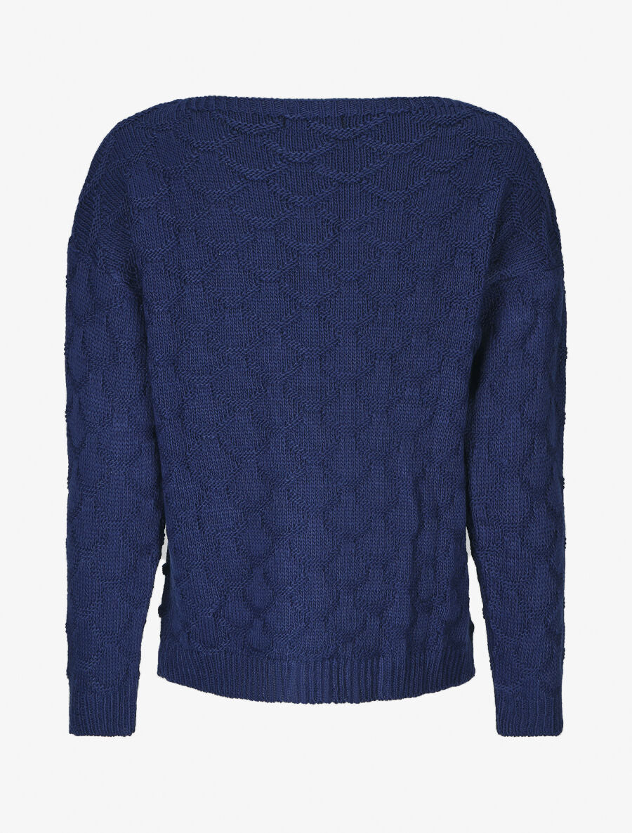 Pull uni en maille et col bateau - Marine - 2