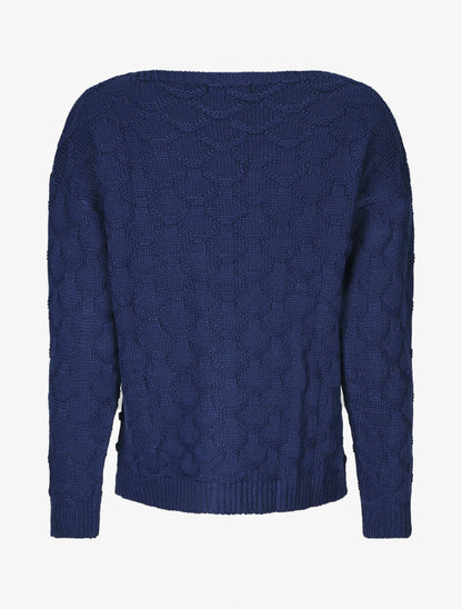Pull uni en maille et col bateau - Marine - 2