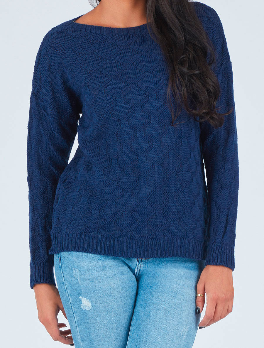 Pull uni en maille et col bateau - Marine - 4