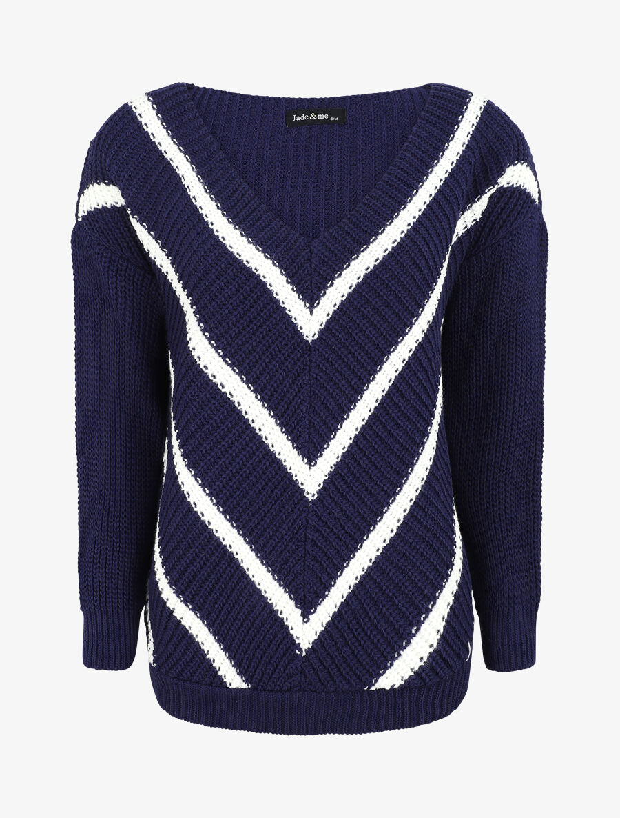 Pull en maille imprimé rayures en V - Marine - 4