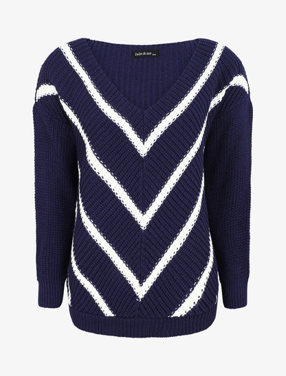Pull en maille imprimé rayures en V - Marine - 4