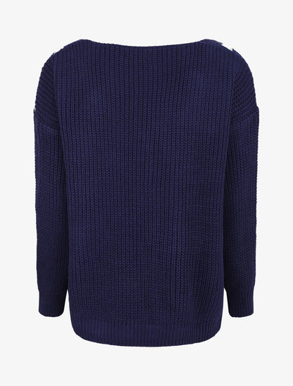 Pull en maille imprimé rayures en V - Marine - 2