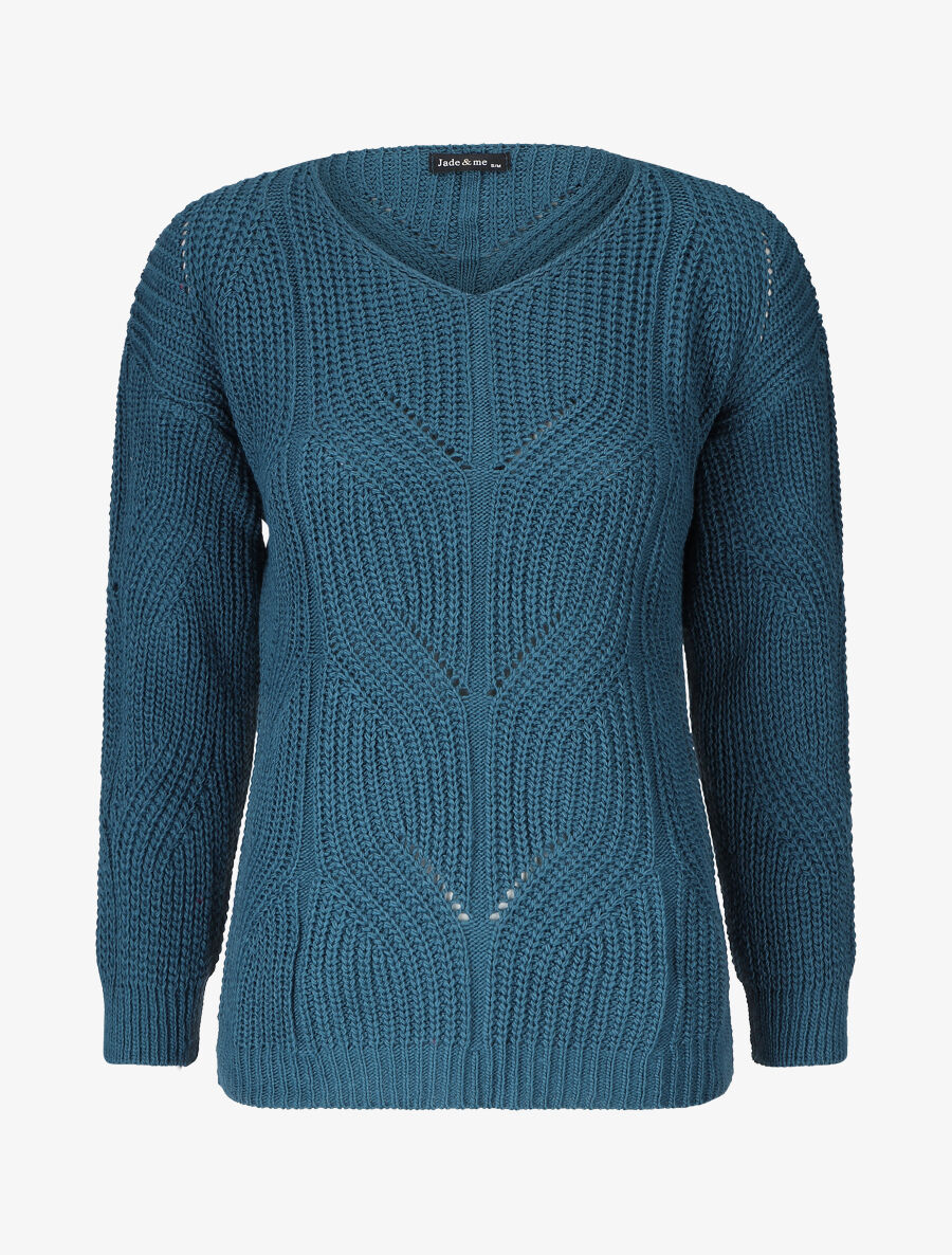 Pull uni en grosse maille à col rond - Bleu canard - 1