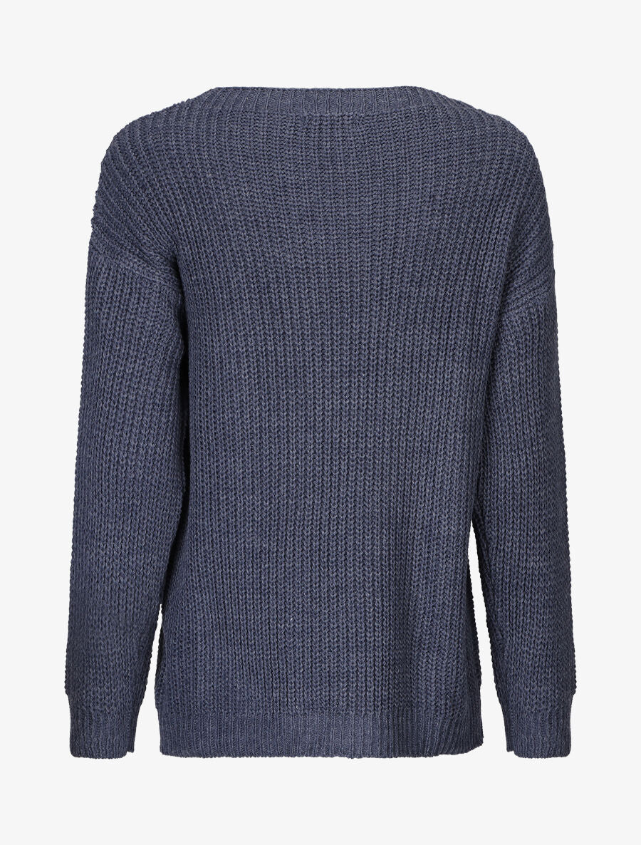 Pull uni en grosse maille à col bateau - Bleu - 2