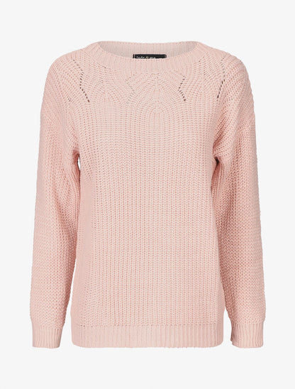 Pull uni en grosse maille à col bateau - Rose - 1