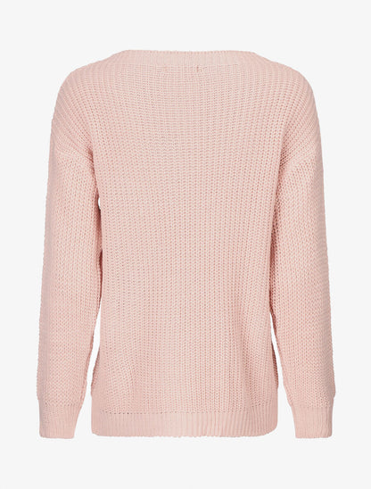 Pull uni en grosse maille à col bateau - Rose - 2