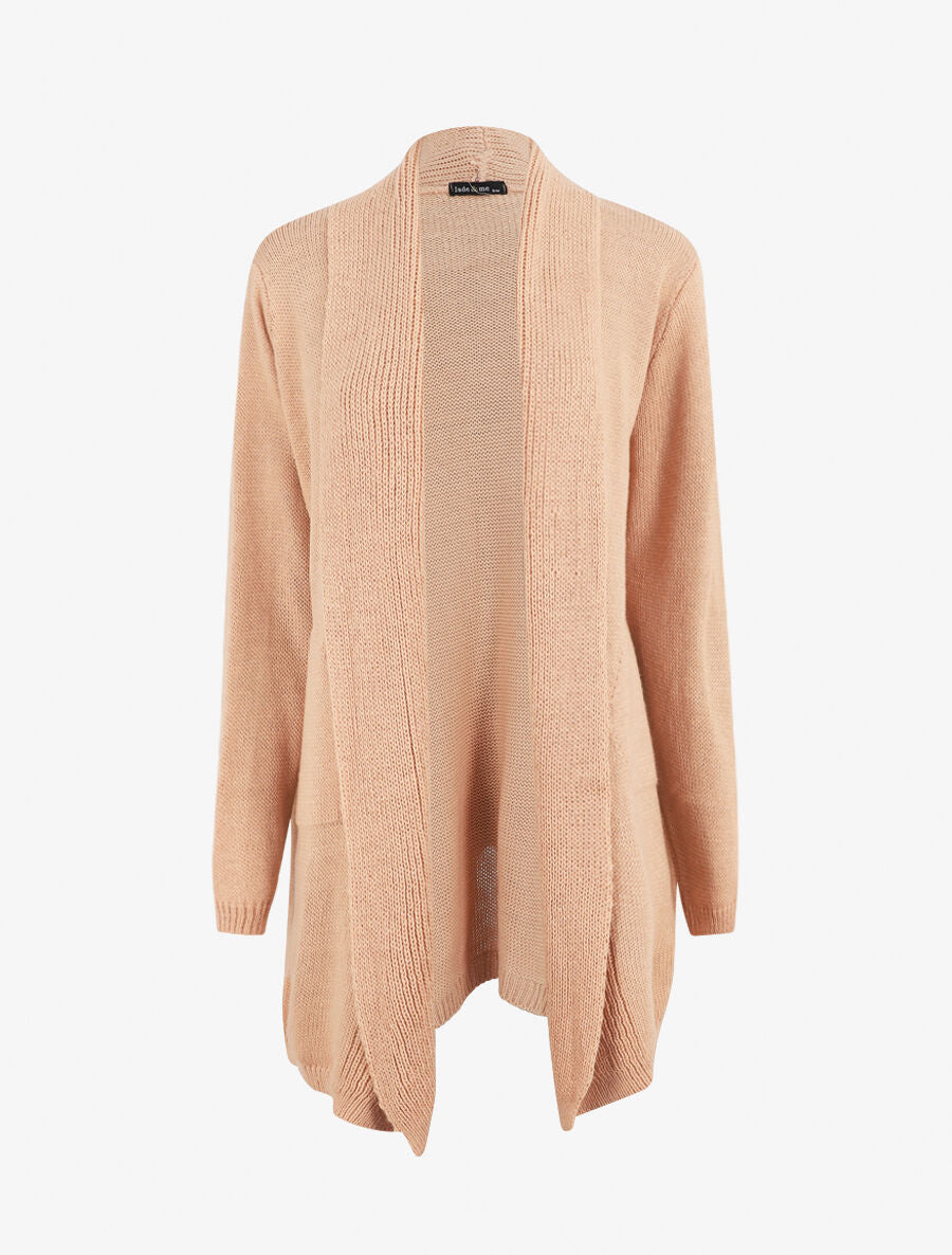 Gilet mi-long ouvert en maille - Rose - 5