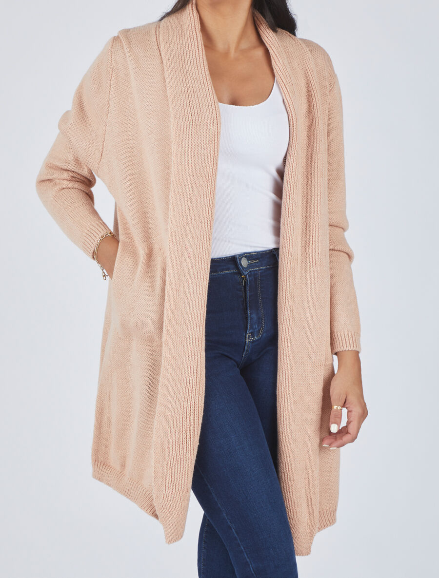 Gilet mi-long ouvert en maille - Rose - 4