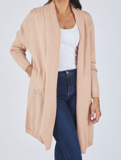 Gilet mi-long ouvert en maille - Rose - 4