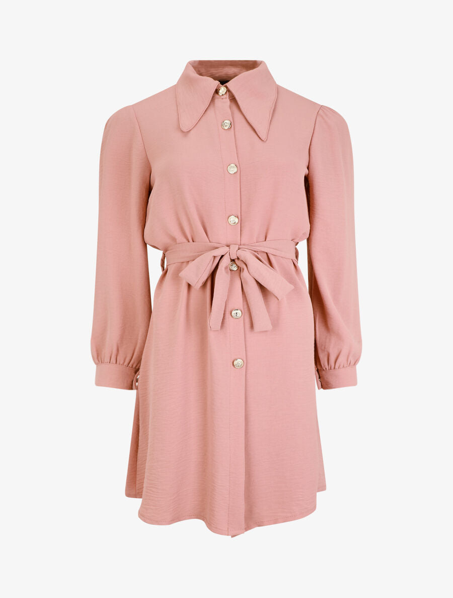 Robe chemise unie à manches longues - Rose - 4