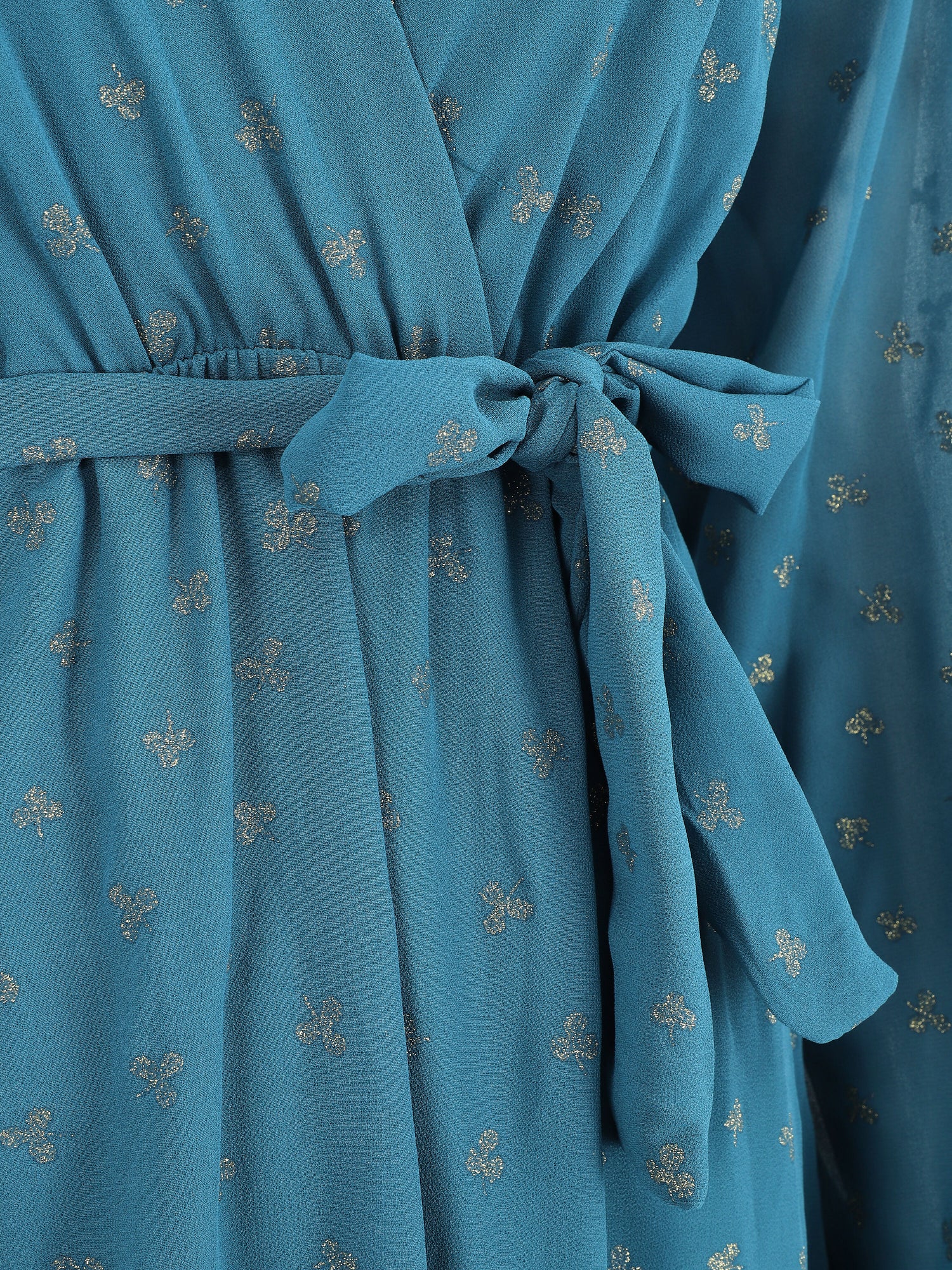 Robe élastiquée imprimée feuilles irisées - Bleu canard - 3