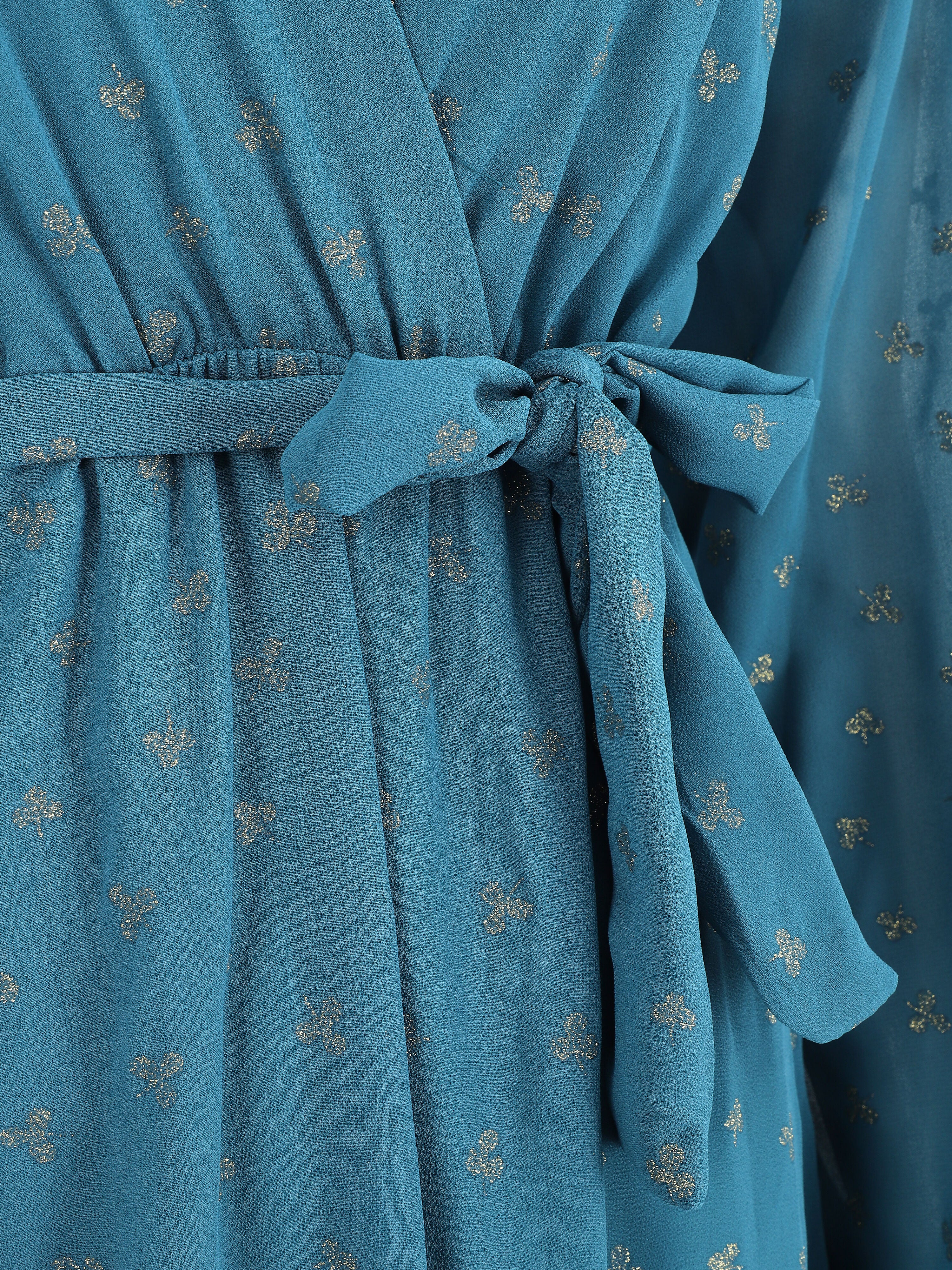 Robe élastiquée imprimée feuilles irisées - Bleu canard - 3