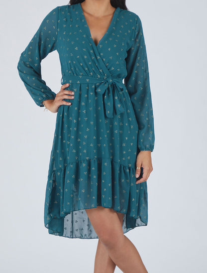 Robe élastiquée imprimée feuilles irisées - Bleu canard - 4