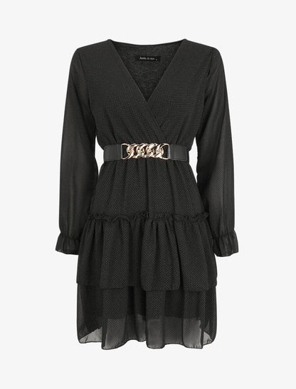 Robe à col cache-coeur volantée - Noir - 1