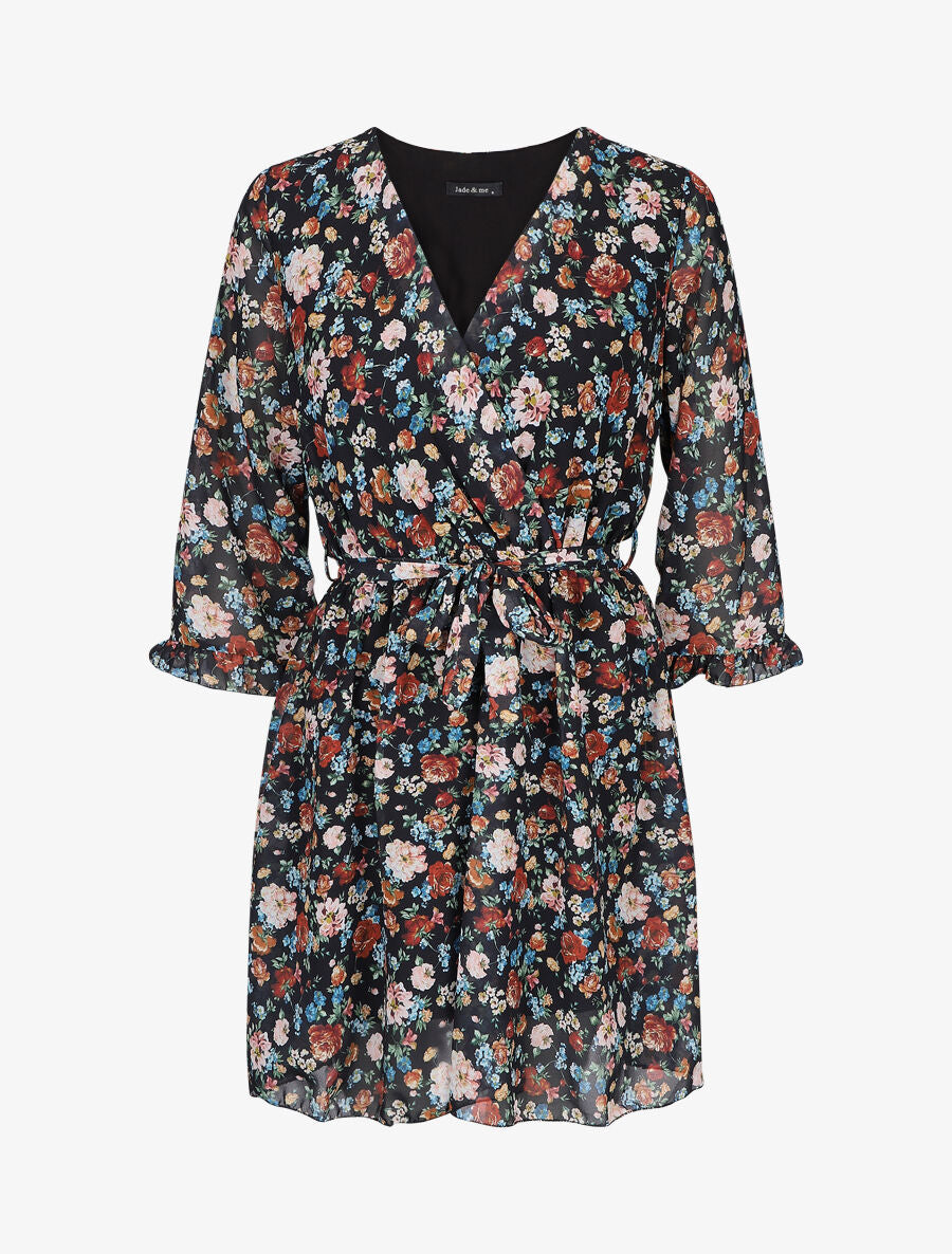 Robe cache-coeur à manches transparentes imprimé fleuri - Noir - 1