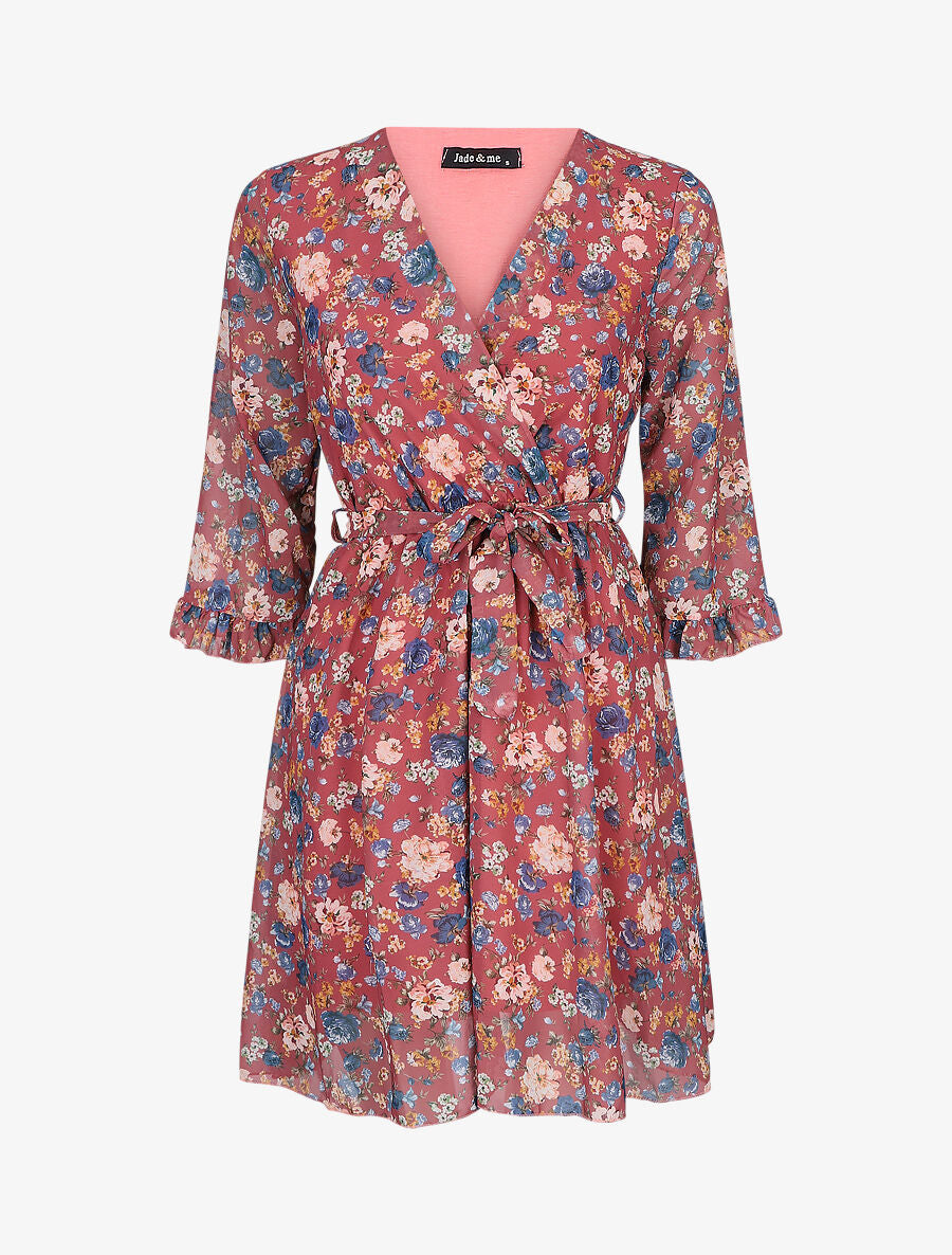 Robe cache-coeur à manches transparentes imprimé fleuri - Vieux rose - 1