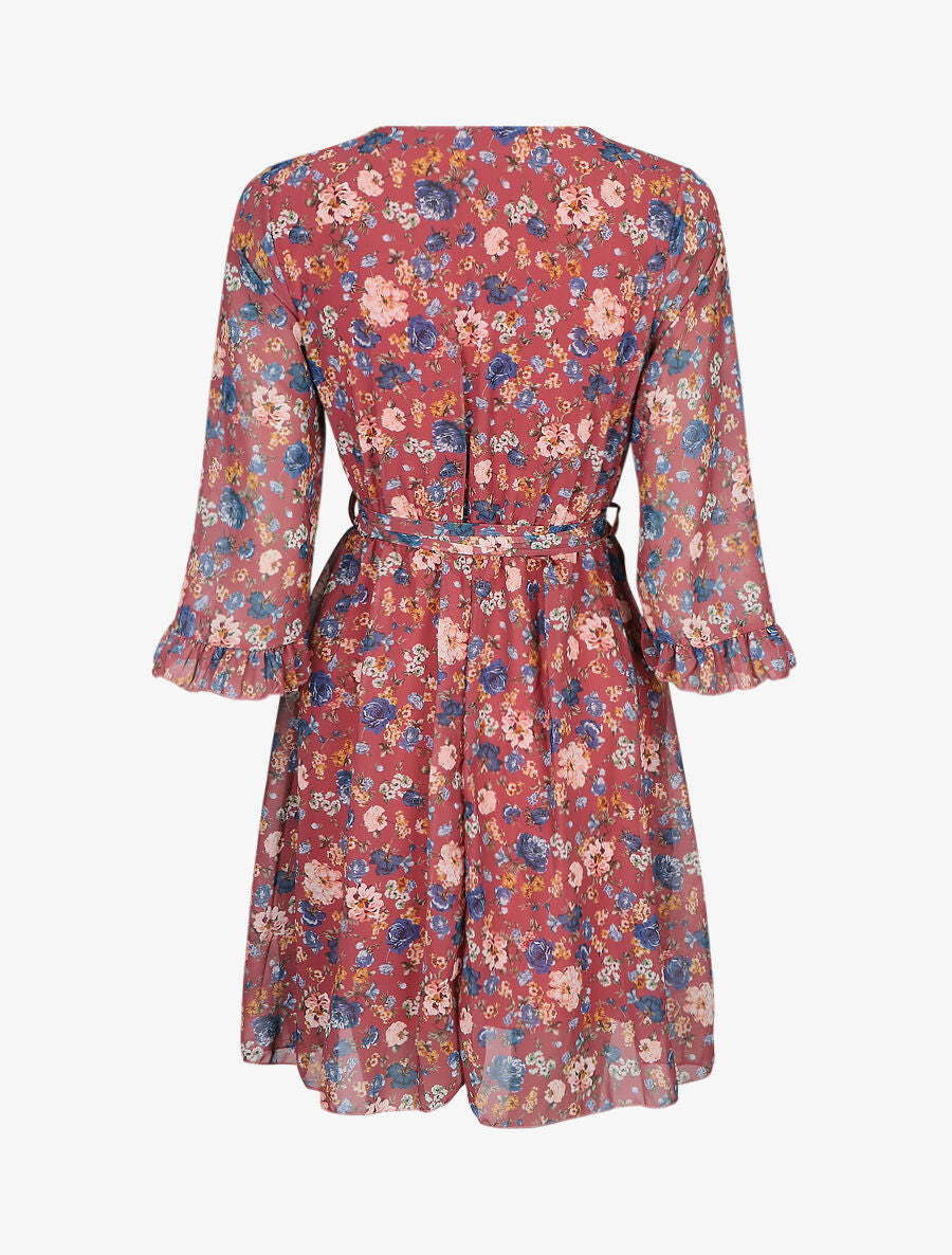 Robe cache-coeur à manches transparentes imprimé fleuri - Vieux rose - 2