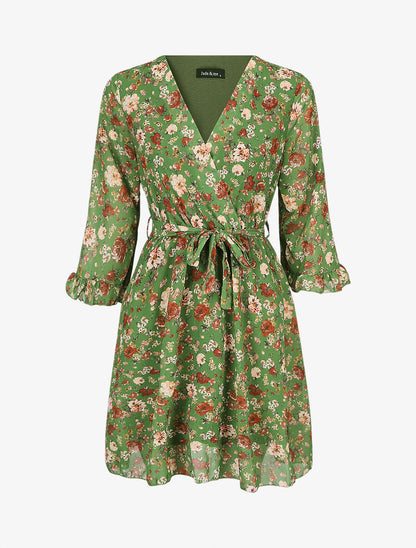 Robe cache-coeur à manches transparentes imprimé fleuri - Vert - 5