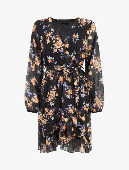 Robe à volants imprimé bouquet automnal - Noir - 4