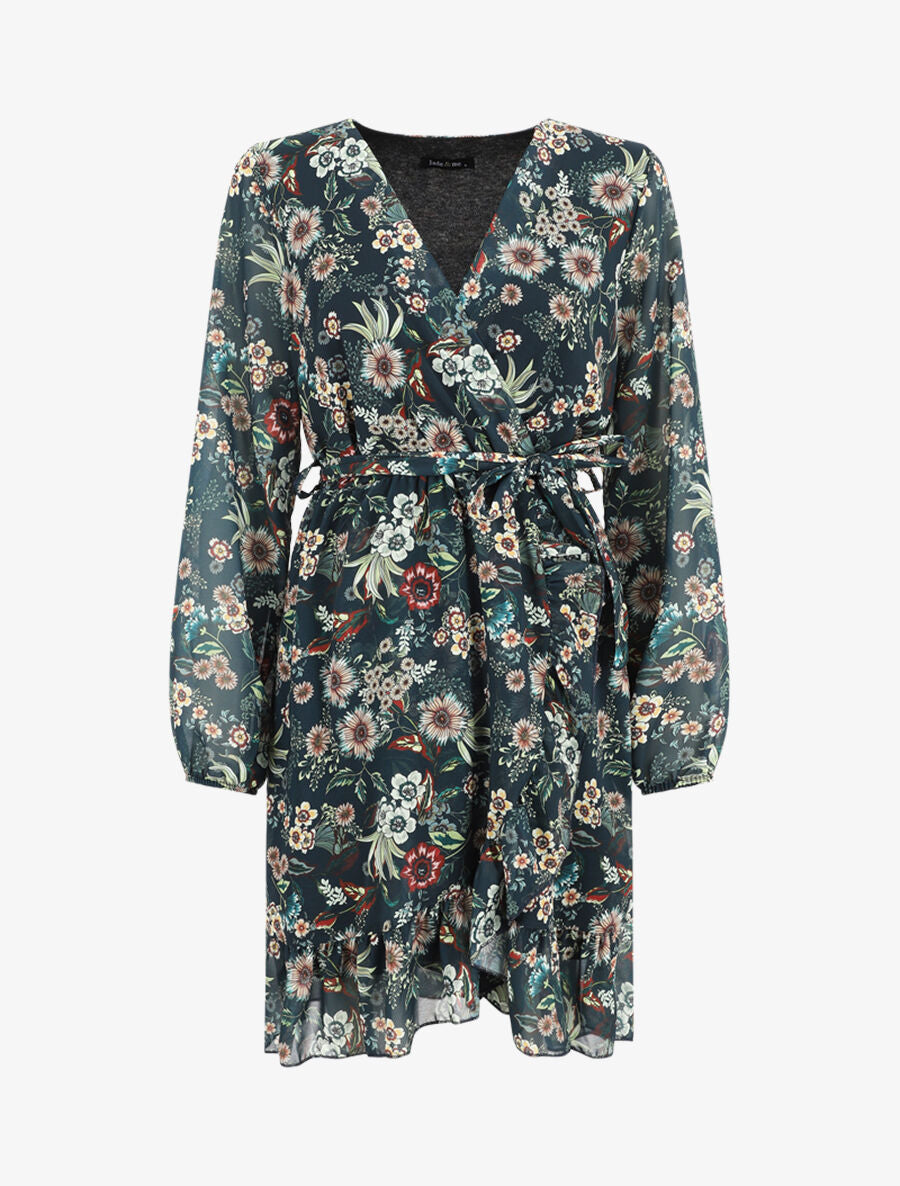 Robe à volants imprimé fleurs baroques - Bleu foncé - 1