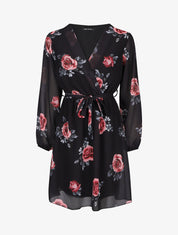 Robe mi-longue taille élastiquée imprimé roses - Noir - 1