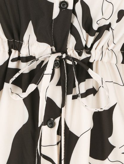 Robe chemise à taille élastiquée imprimé grandes fleurs - Noir - 3