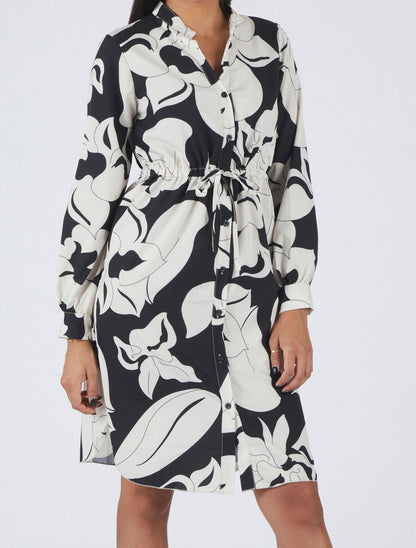 Robe chemise à taille élastiquée imprimé grandes fleurs - Noir - 4