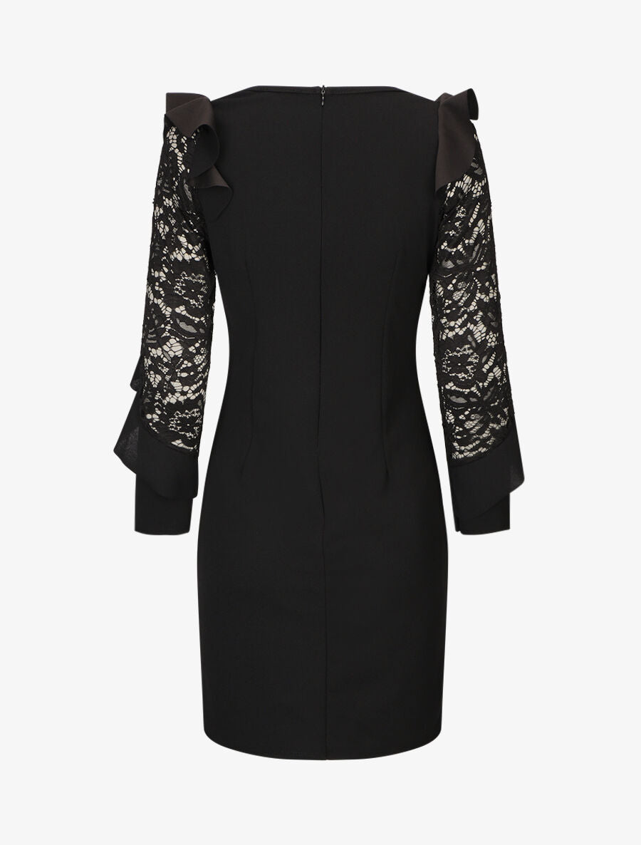 Robe unie à manches longues volantées en dentelle - Noir - 2