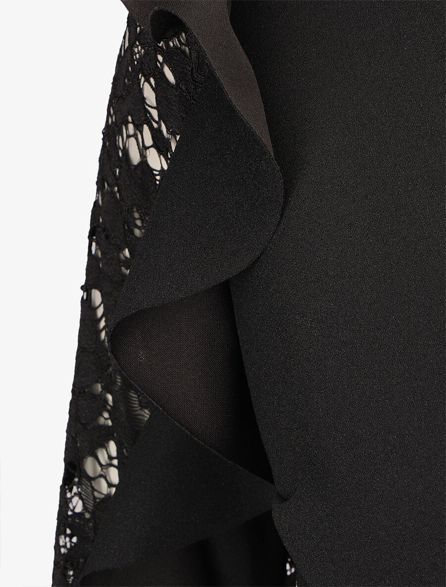 Robe unie à manches longues volantées en dentelle - Noir - 3