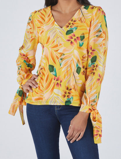 Top col V imprimé feuilles - Jaune - 4