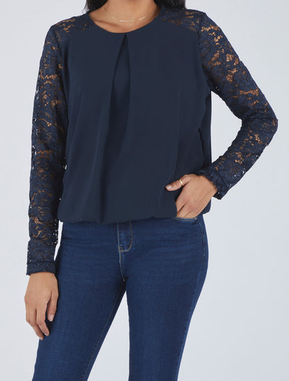 Top droit à manches en dentelle - Marine - 4