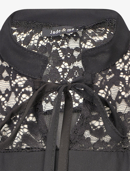 Blouse à manches longues ajourées en dentelle - Noir - 3