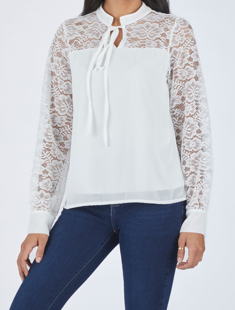 Blouse à manches longues ajourées en dentelle - Blanc - 4
