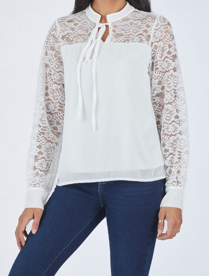 Blouse à manches longues ajourées en dentelle - Blanc - 4