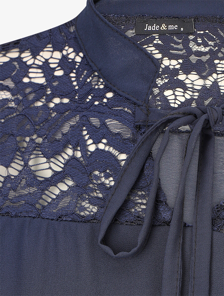 Blouse à manches longues ajourées en dentelle - Marine - 3