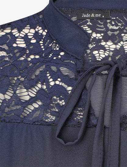 Blouse à manches longues ajourées en dentelle - Marine - 3