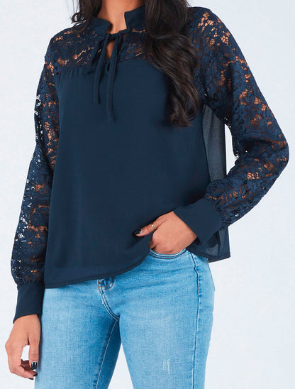 Blouse à manches longues ajourées en dentelle - Marine - 4