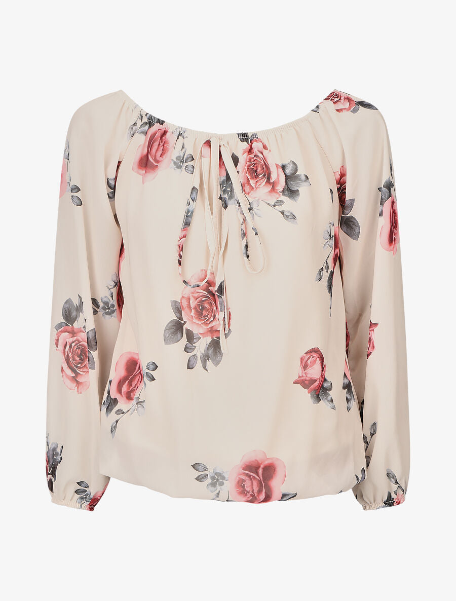 Blouse imprimé grandes fleurs à manches transparentes - Beige - 1
