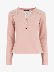 Blouse unie à dentelle - Rose - 1