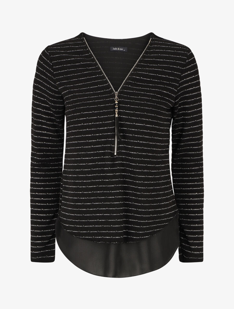 Pull à col V en voile superposé à rayures irisés - Noir - 5