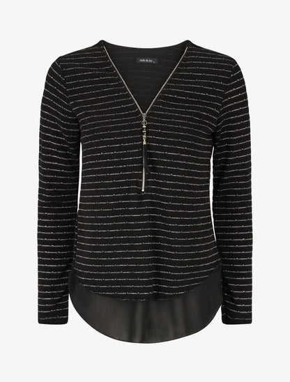Pull à col V en voile superposé à rayures irisés - Noir - 5