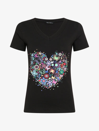 T-shirt slim à flocage coeur psychédélique - Noir - 1