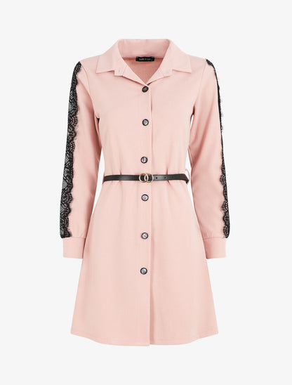 Robe chemise à manches dentelle - Rose - 1