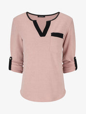 Pull col V contrastant à manches retroussables - Rose - 4