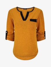 Pull col V contrastant à manches retroussables - Jaune moutarde - 4