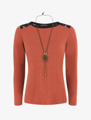 Pull uni à épaules dentelle - Rouille - 5