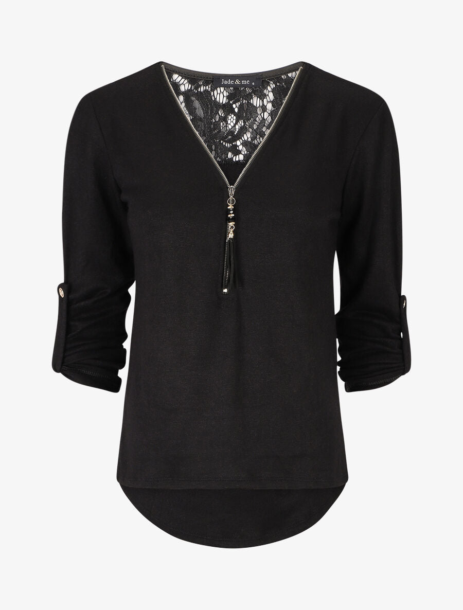 Pull à manches retroussables et dentelle - Noir - 1