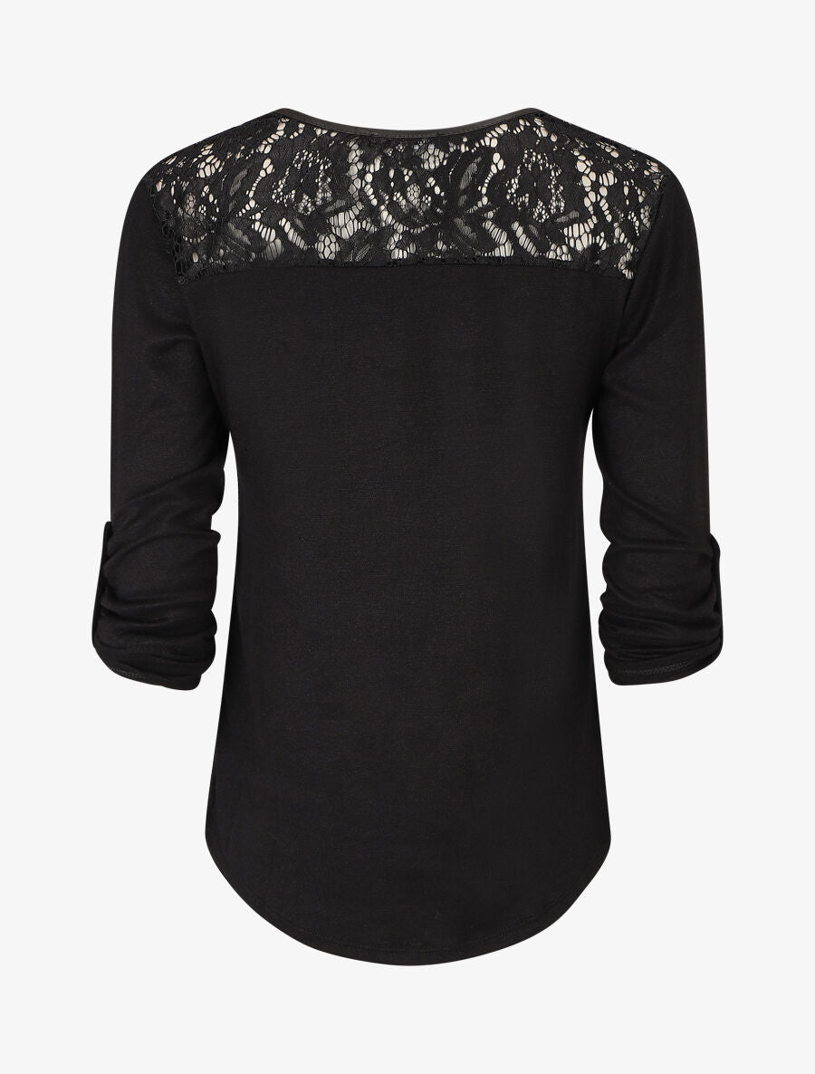 Pull à manches retroussables et dentelle - Noir - 2